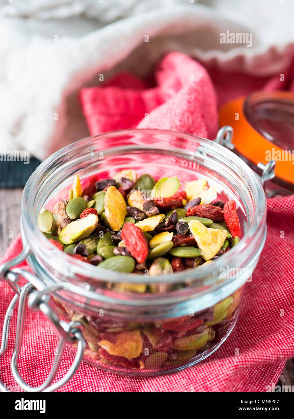 Healthy trail mix in small jar Stock Photo Alamy