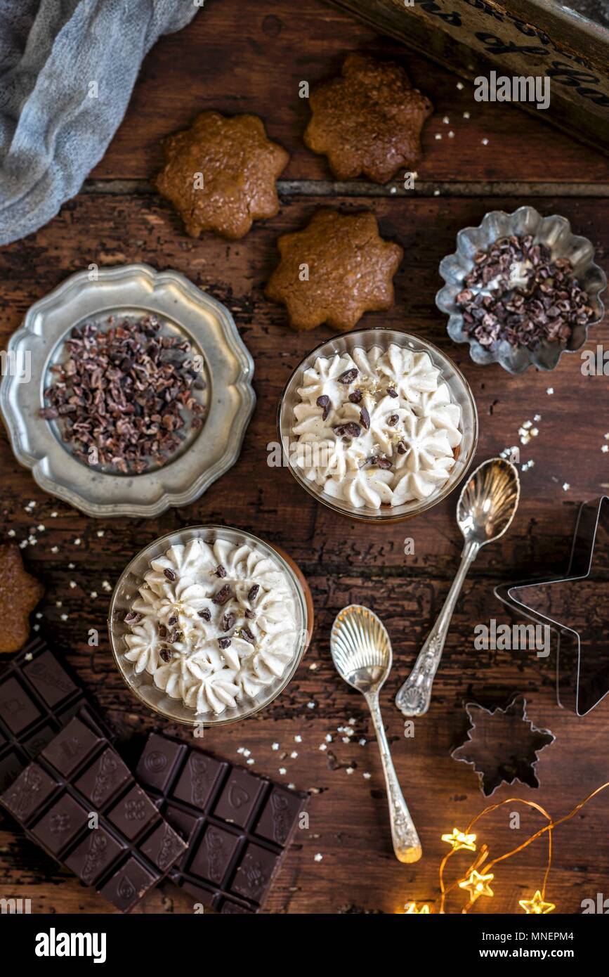 Vegan Chocolate And Coconut Mousse Made With Aquafaba Chickpea Brine Served With Star Shaped Gingerbread Cookies Stock Photo Alamy