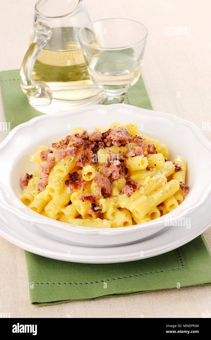 Pasta with a cream and ham crumbs Stock Photo
