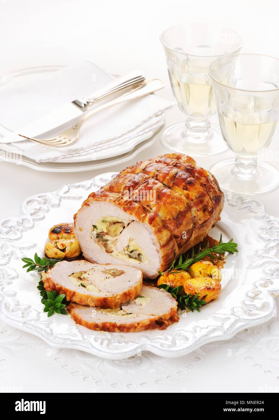 Pork roulade with a chestnut filling Stock Photo