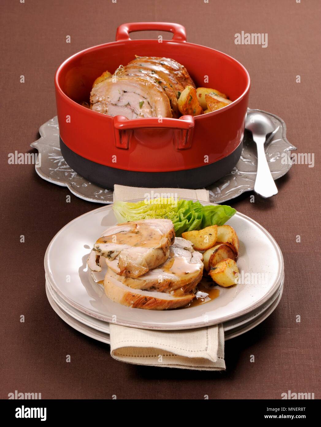 Scaramella arrosto (veal roulade with fried potatoes, Italy) Stock Photo