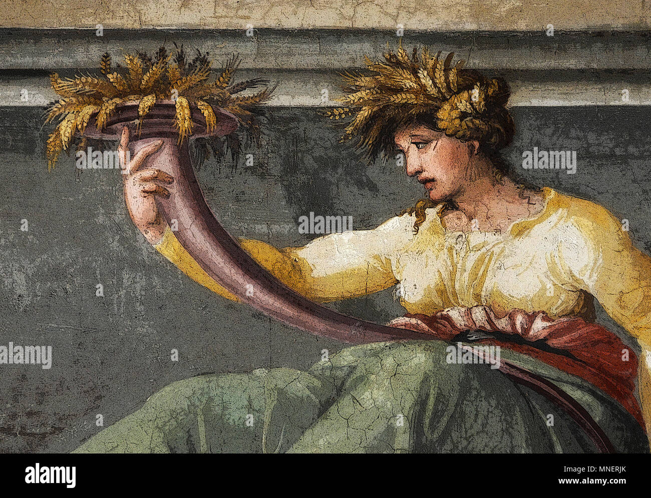 Figure of Ceres holding wheat, Renaissance mythological scene in the Frieze of the Hall of Perspectives (rendered in PS), by  Peruzzi, Rome, Italy Stock Photo