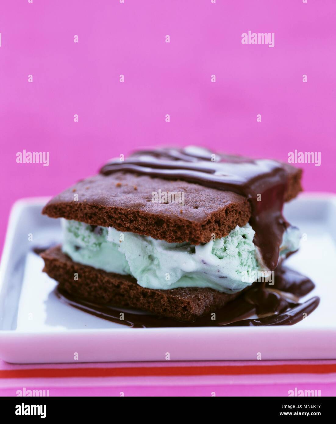 Ice cream sandwich (chocolate biscuits with mint ice cream Stock Photo
