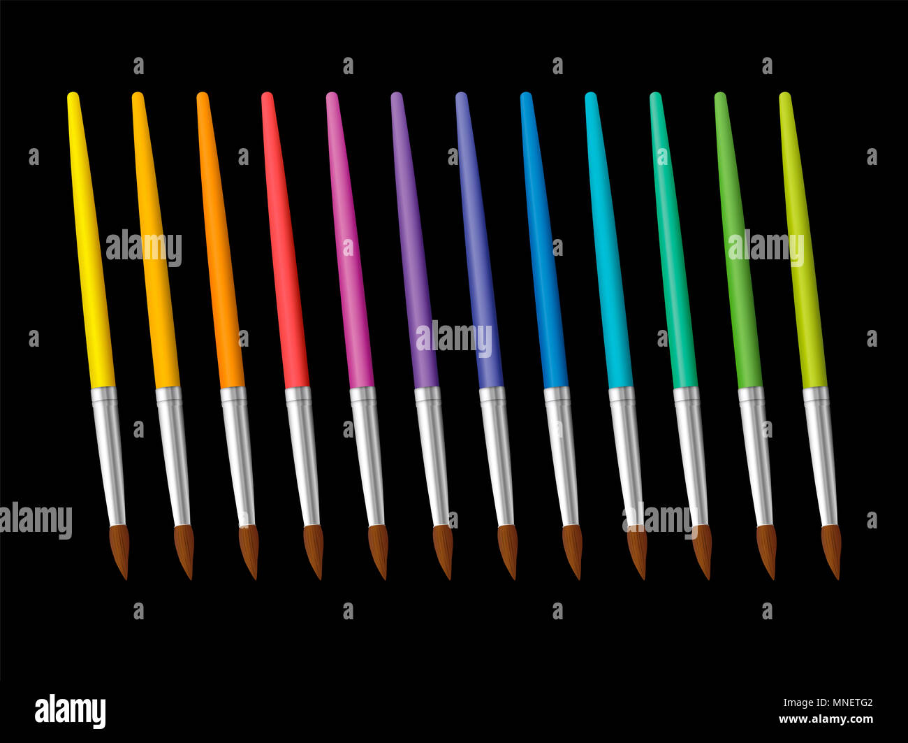 Paint brushes on black background. Collection of twelve rainbow