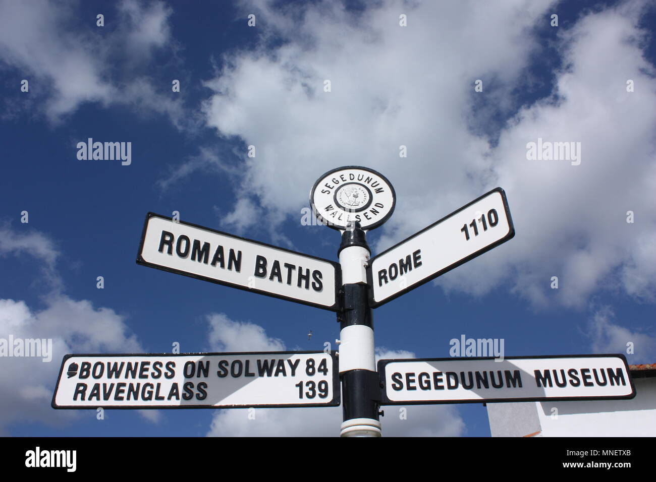 Signposts at the Segedunum Roman Fort at Wallsend, Newcastle-upon-Tyne Stock Photo