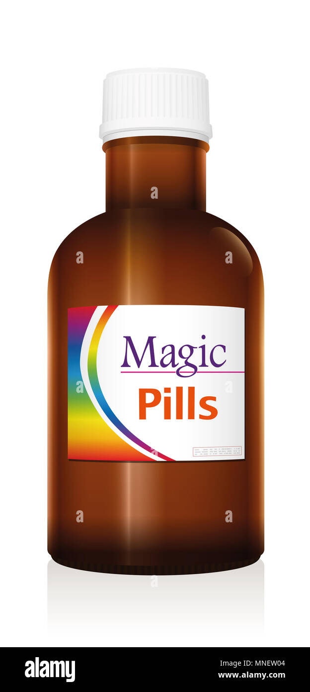 Medical vial bottle named MAGIC PILLS. Panacea product to promise miracle cure, assured health or other wonders concerning healing issues. Stock Photo