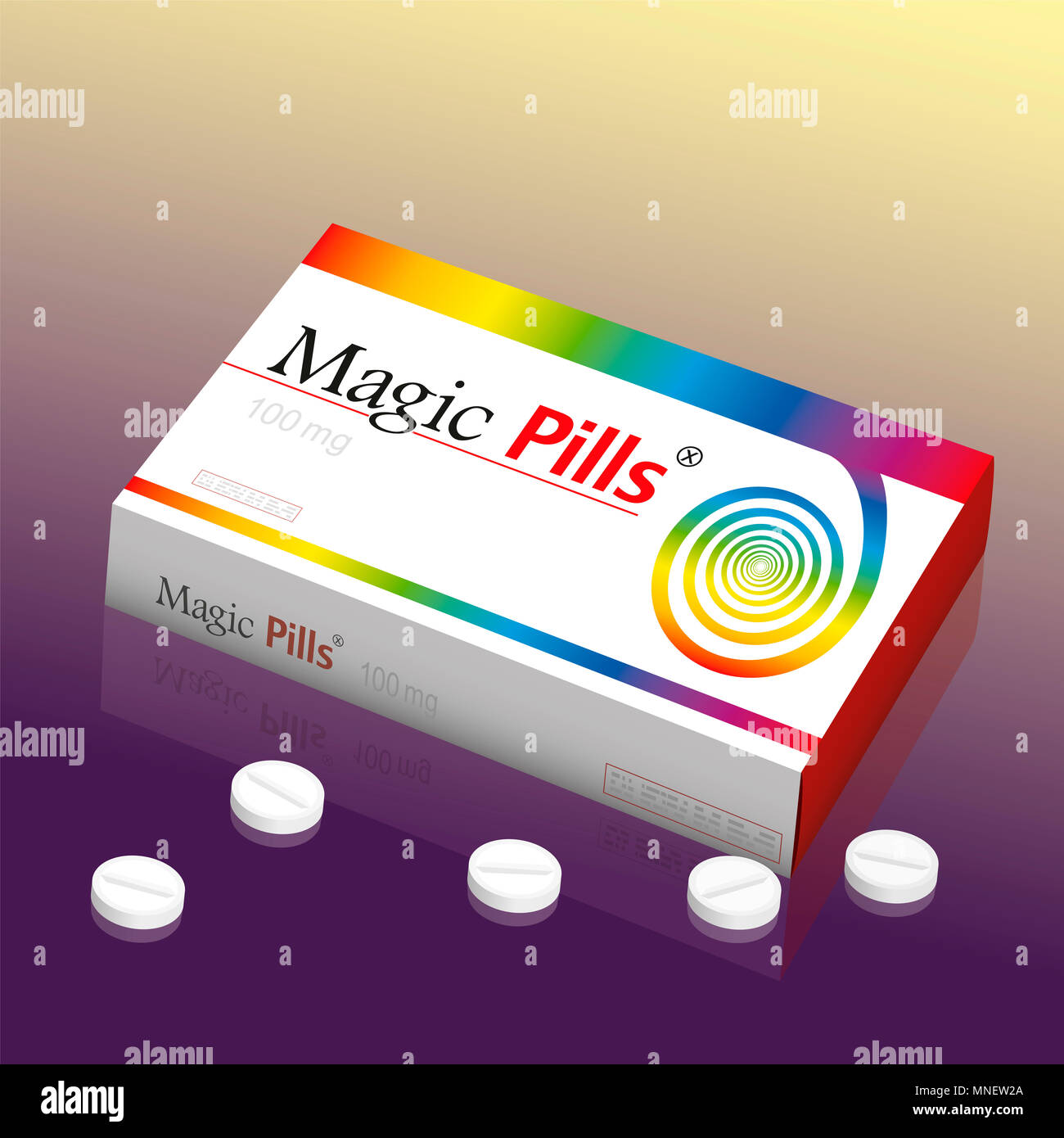 Medicine packet named MAGIC PILLS, a medical panacea product to promise miracle cure, assured health or other wonders concerning healing issues. Stock Photo