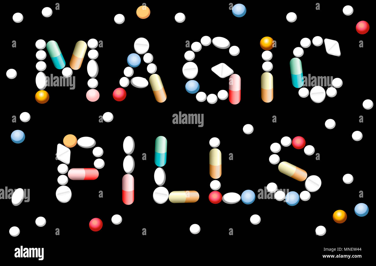 MAGIC PILLS written with pills and capsules, symbolic for promise of miracle cure medicine and assured health - illustration over black background. Stock Photo
