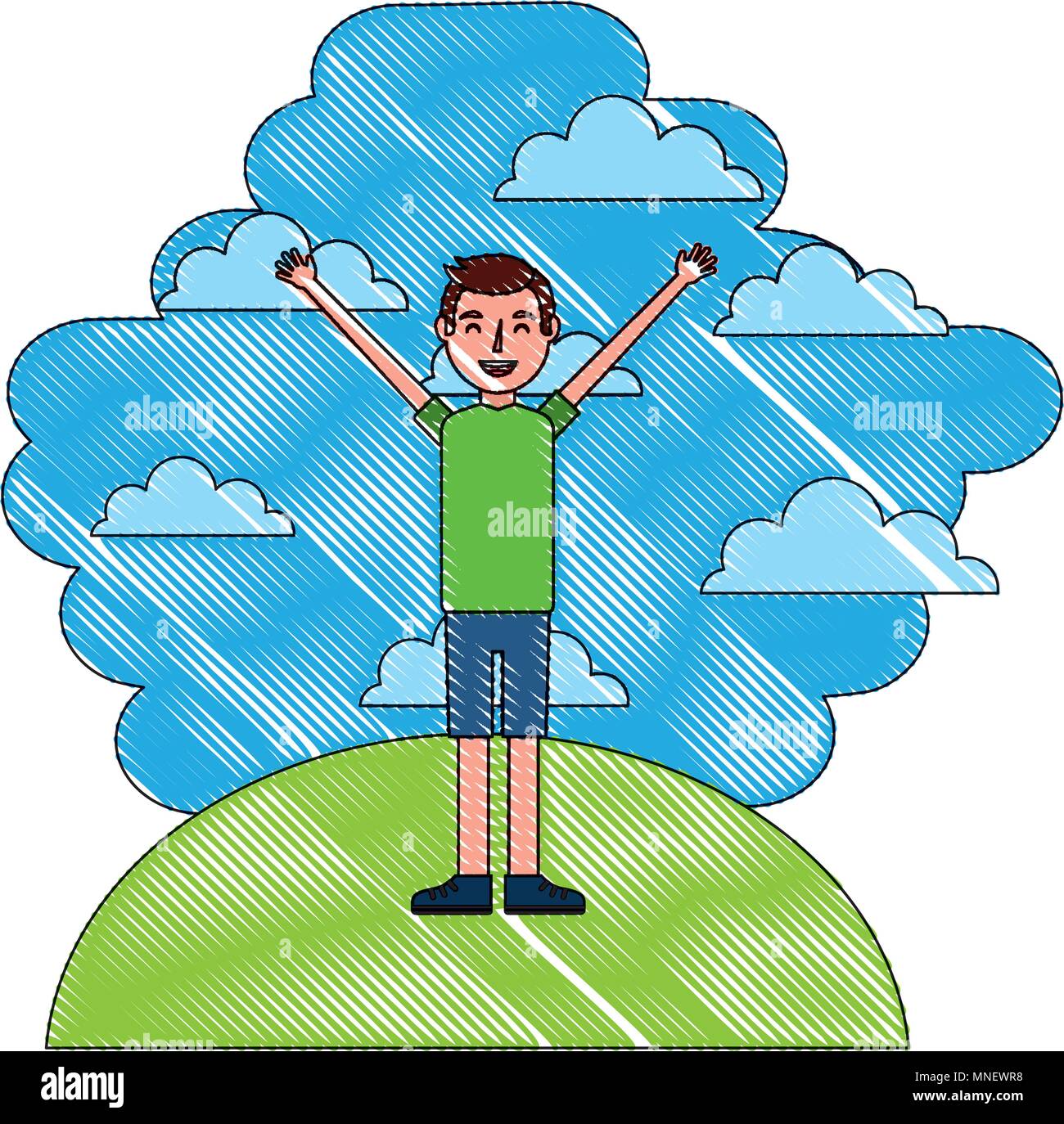 man standing arms up in landscape clouds sky Stock Vector Image & Art ...