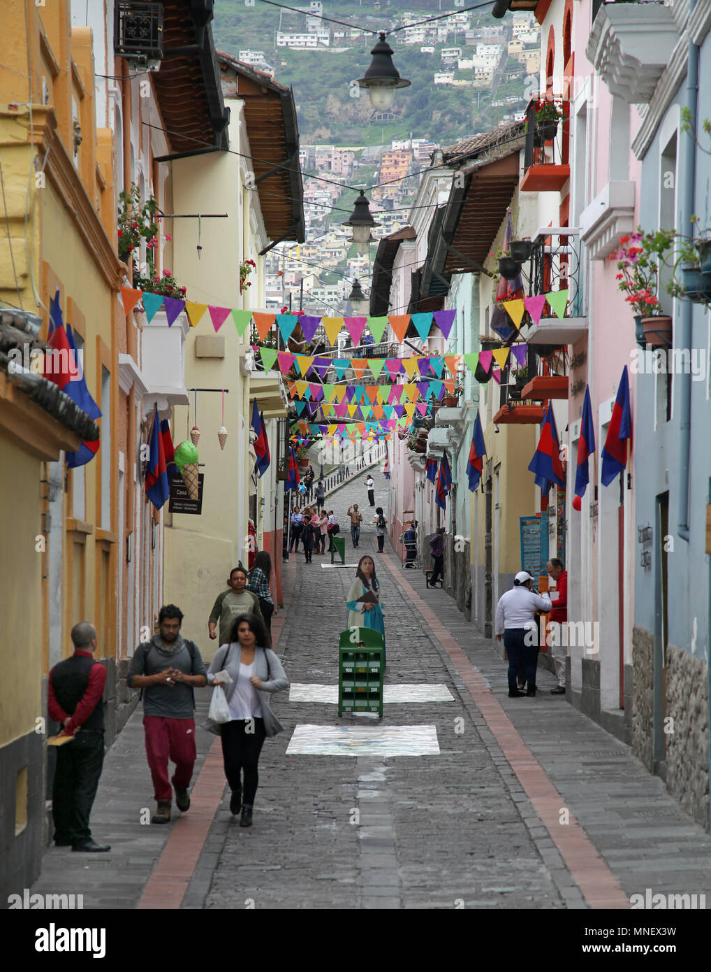 Calle La Ronda in Quito Old town Ecuador.A Street with colonial balconied houses with galleries and shops. Stock Photo
