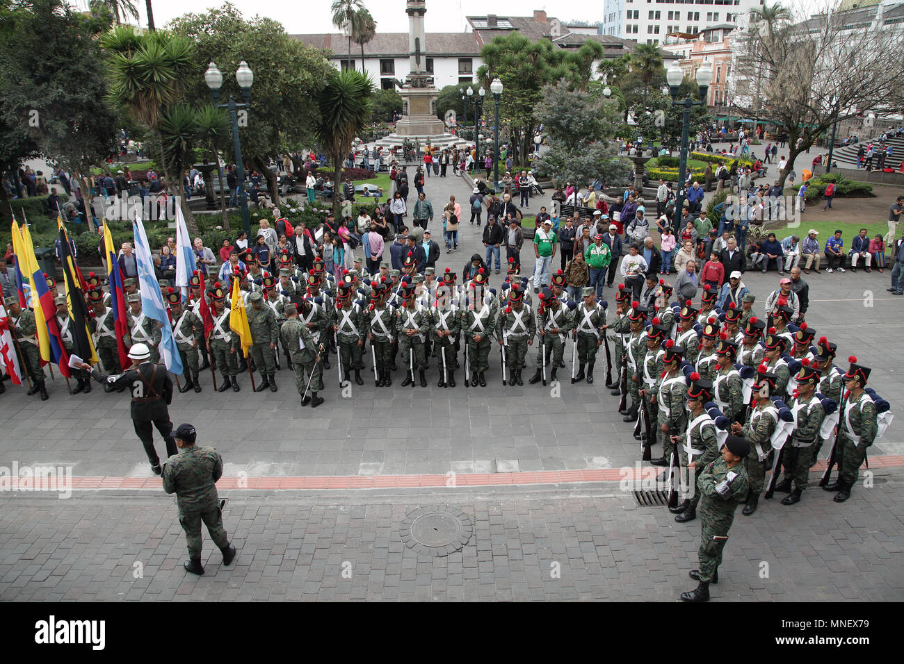 Daily rehearsal for the Changing of the guards at Plaza Grande Quito.Carondelet Presidential Palace Quito Ecuador Stock Photo
