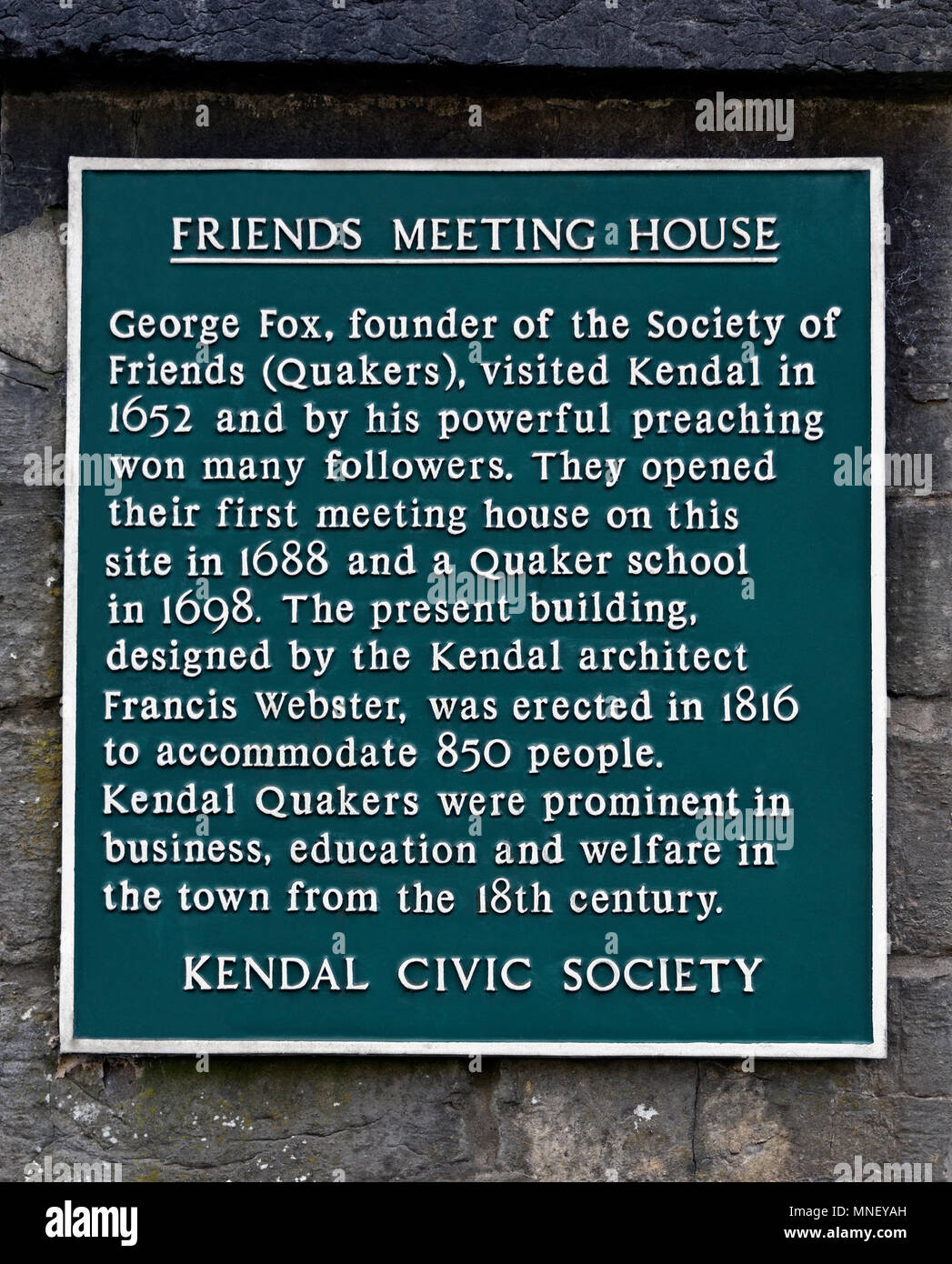 Friends Meeting House. Descriptive plaque, Kendal Civic Society. Stramongate, Kendal, Cumbria, England, United Kingdom, Europe. Stock Photo