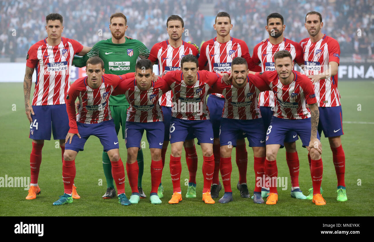 Atletico Madrid team group during the UEFA Europa League final at Parc Olympique Lyonnais, Lyon. PRESS ASSOCIATION Photo. Picture date: Wednesday May 16, 2018. See PA story SOCCER Final. Photo credit should read: Nick Potts/PA Wire Stock Photo