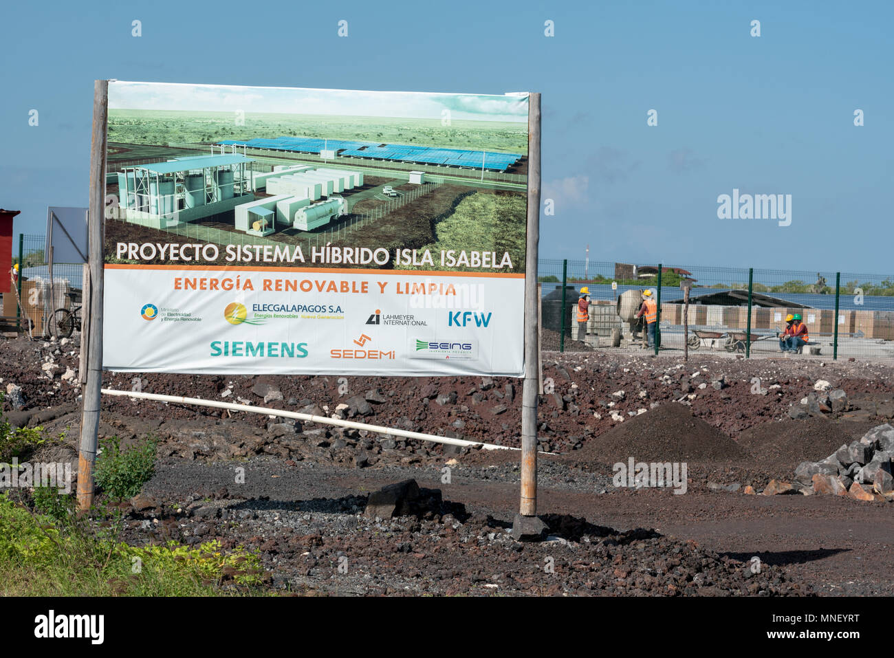 Solar farm, part of a new hybrid solar/biofuel system, under construction in Puerto Villamil, Isabela Island, Galapagos Islands, Ecuador. Stock Photo