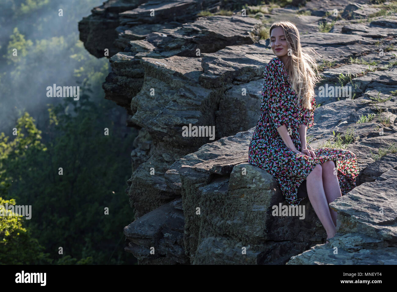 Beautiful girl in dress sits on rock in nature Stock Photo - Alamy