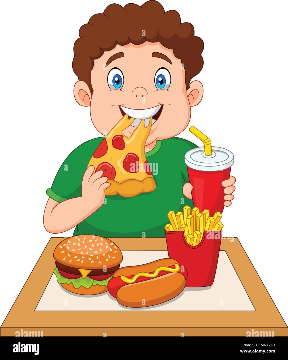 Fat boy eating junk food Stock Vector