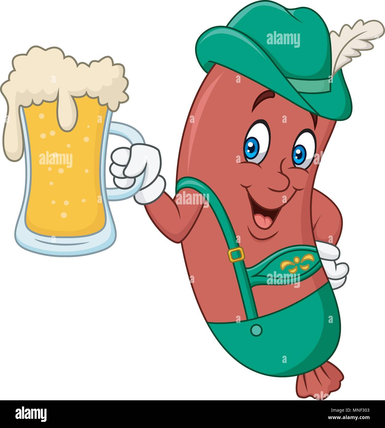 Cartoon sausage in traditional costume with beer Stock Vector