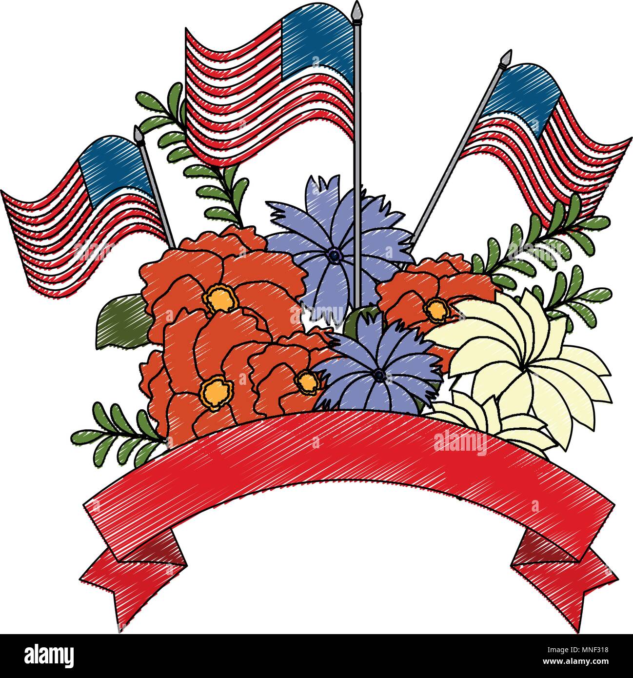 Floral Decoration With Usa Flags And Ribbon Frame Stock Vector Art