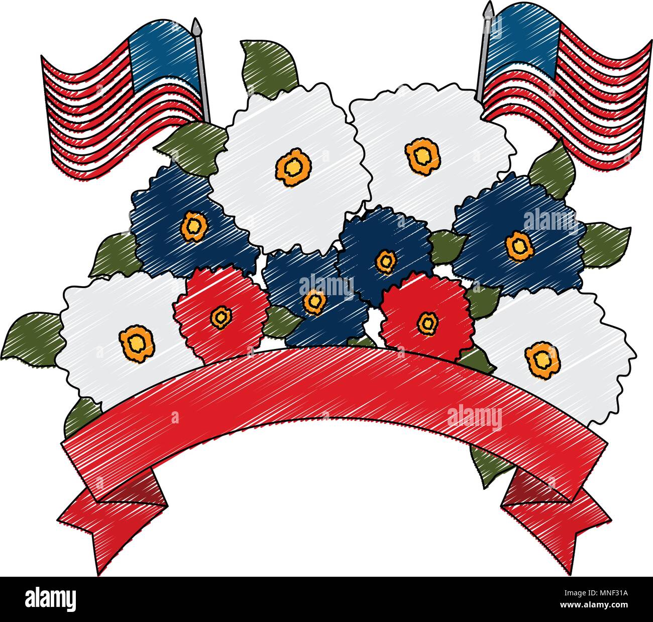 floral decoration with usa flags and ribbon frame Stock Vector Image