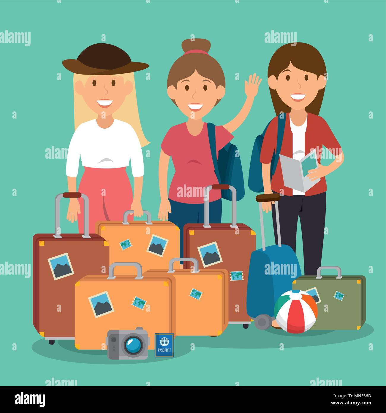 women travelers with suitcases characters Stock Vector