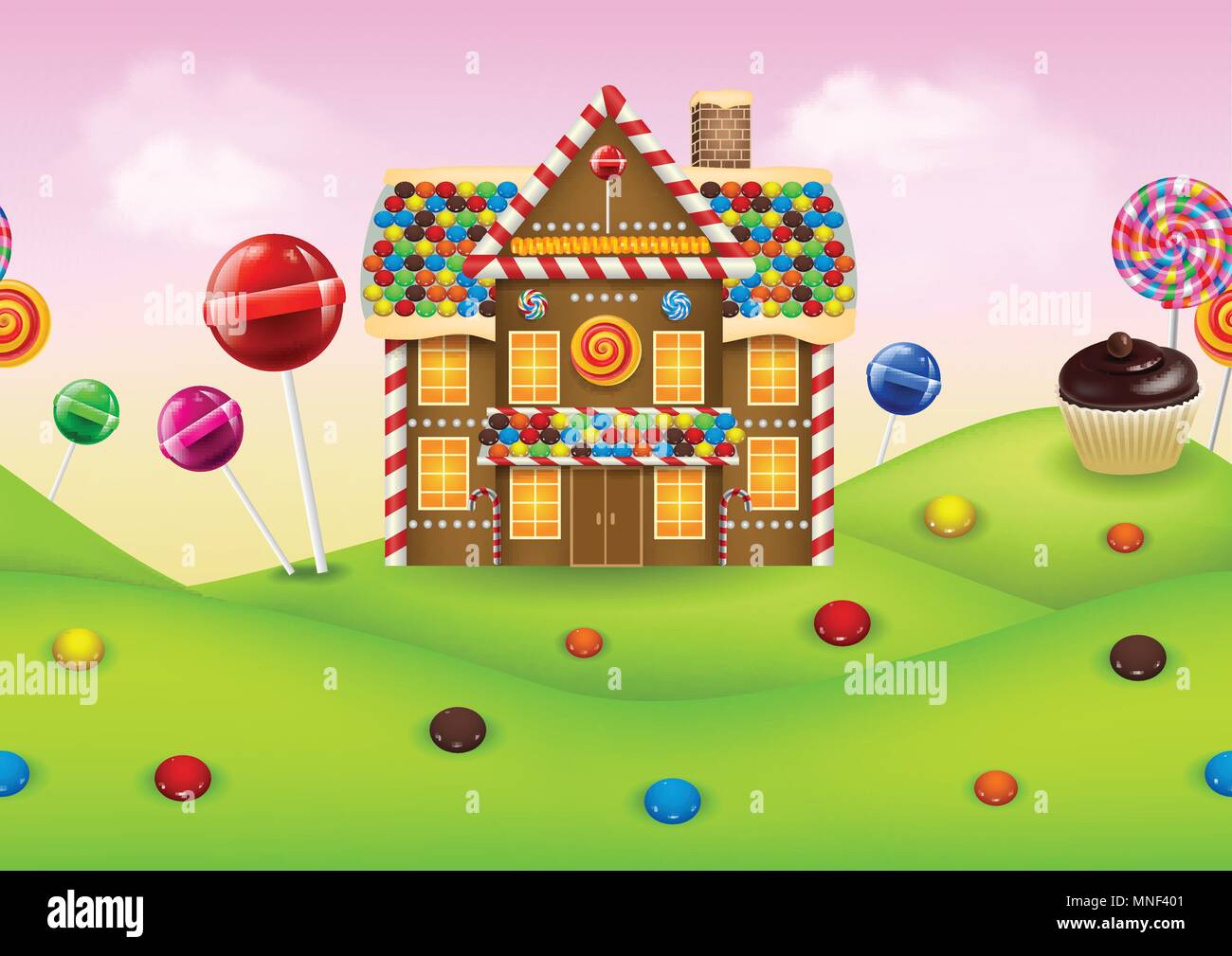 Fantasy candyland with gingerbread Stock Vector