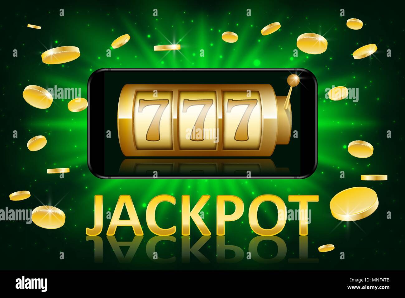 Jackpot shiny gold casino label with money coins. Casino jackpot winner poster gamble with text. Slot machine success concept. Vector illustration Stock Vector