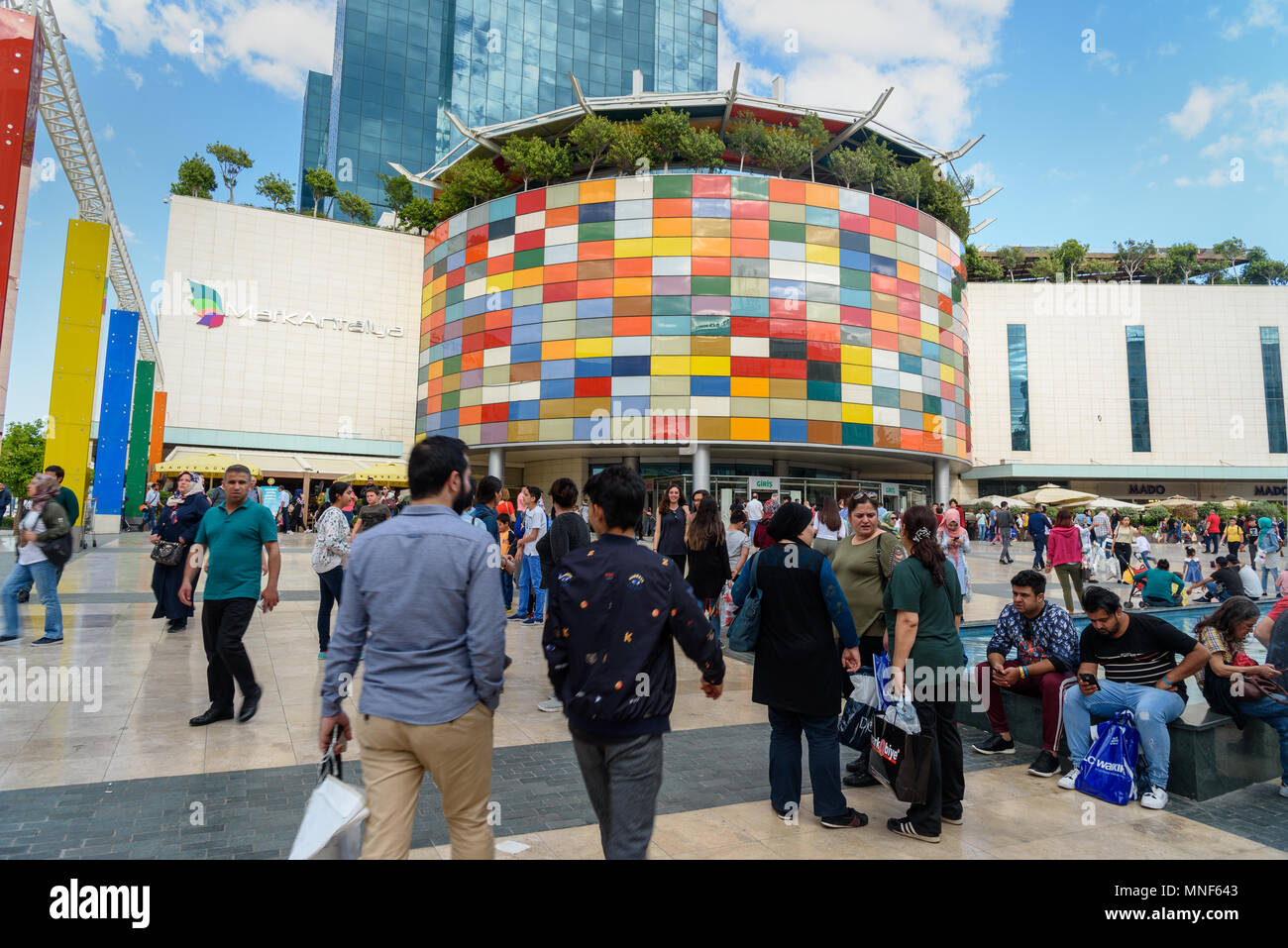 Antalya, Turkey - April 21, 2018: Modern shopping mall MarkAntalya. A lot of people on the square near shop Stock Photo