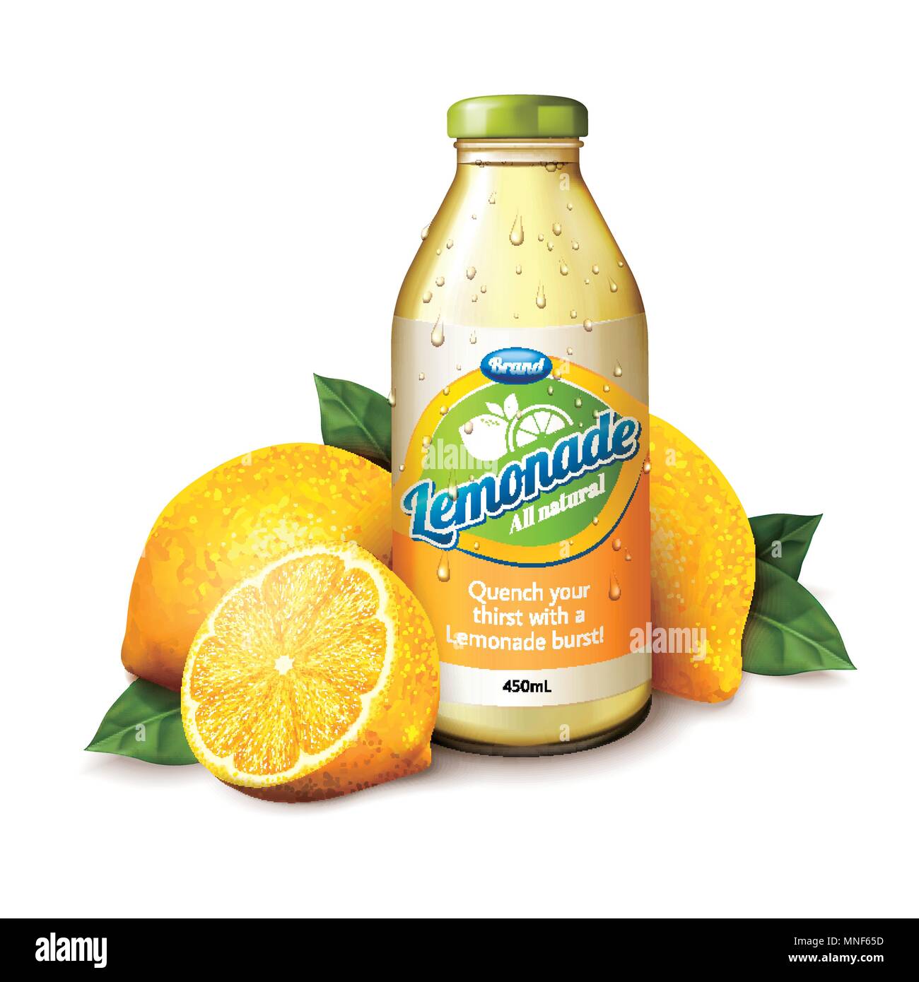 Isolated lemonade juice in glass bottle with fresh fruit in 3d