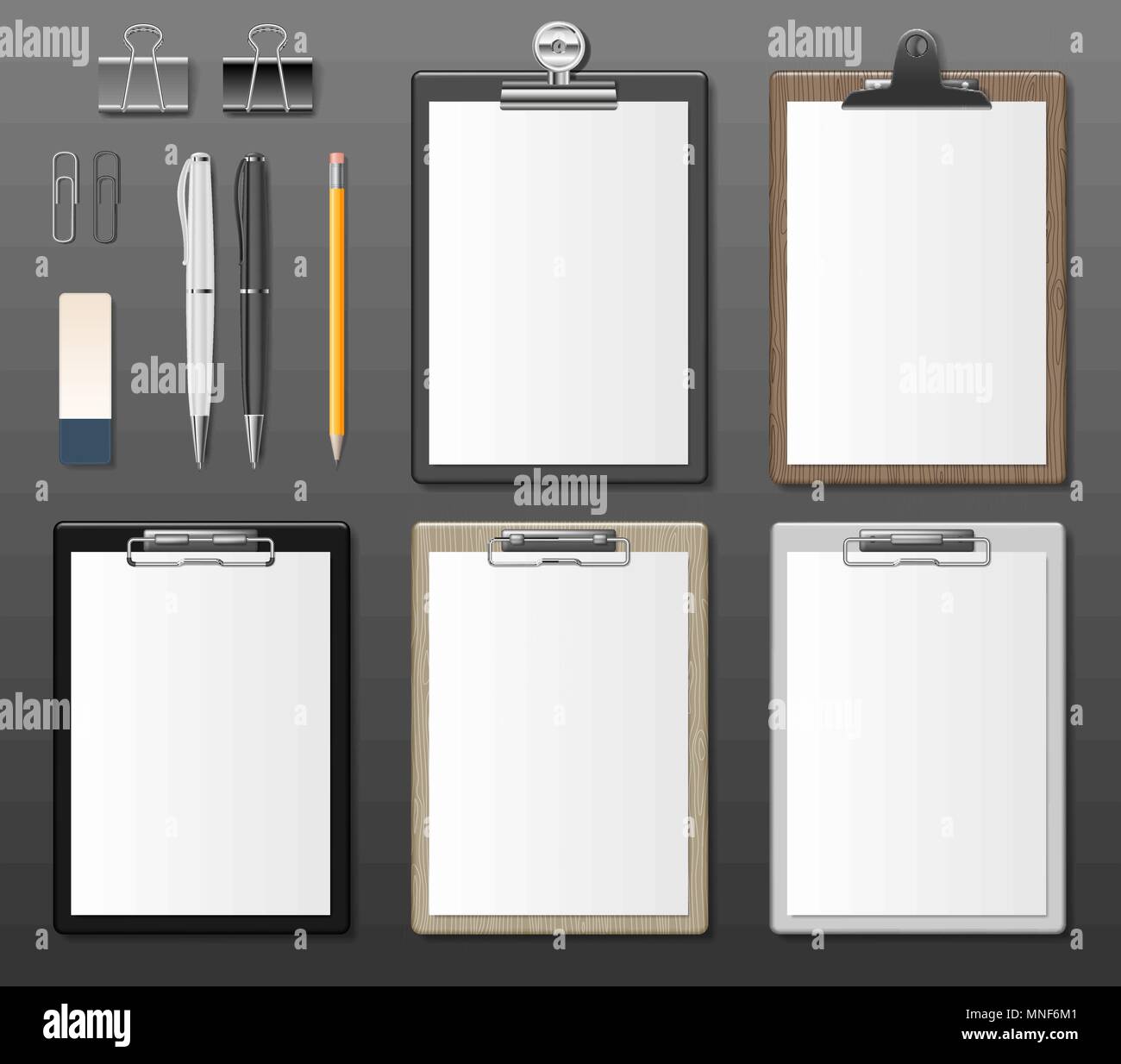 Set of Realistic clipboards with blank white paper sheet. Notepad