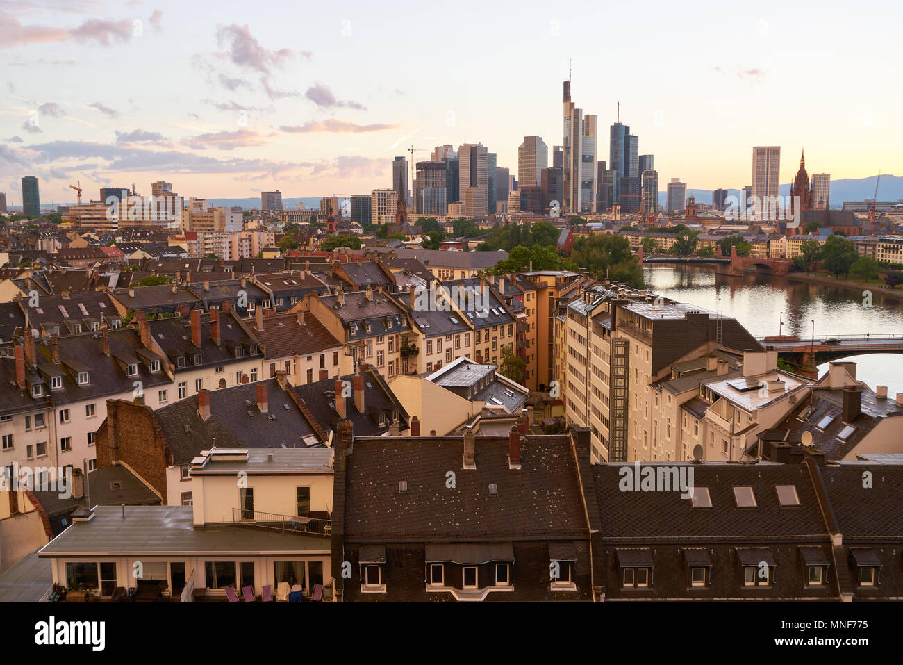 Skyline of Frankfurt am Main in the evening with skyscrapers and ...