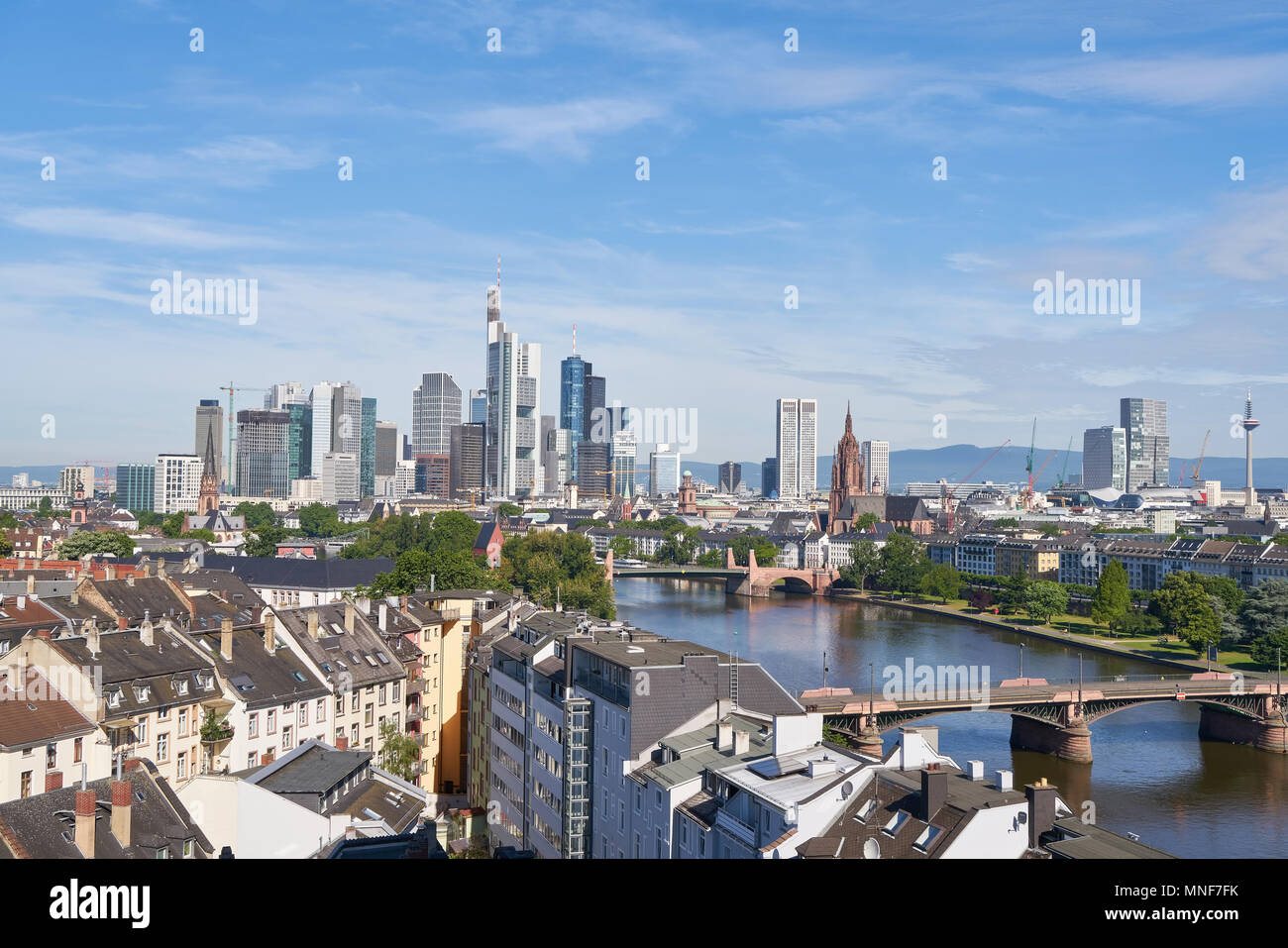 Skyline of Frankfurt am Main with skyscrapers in summer against a blue ...