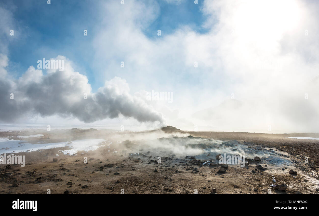Rising steam from a fumarole, geothermal area Hverarönd, also Hverir or Namaskard, North Iceland, Iceland Stock Photo