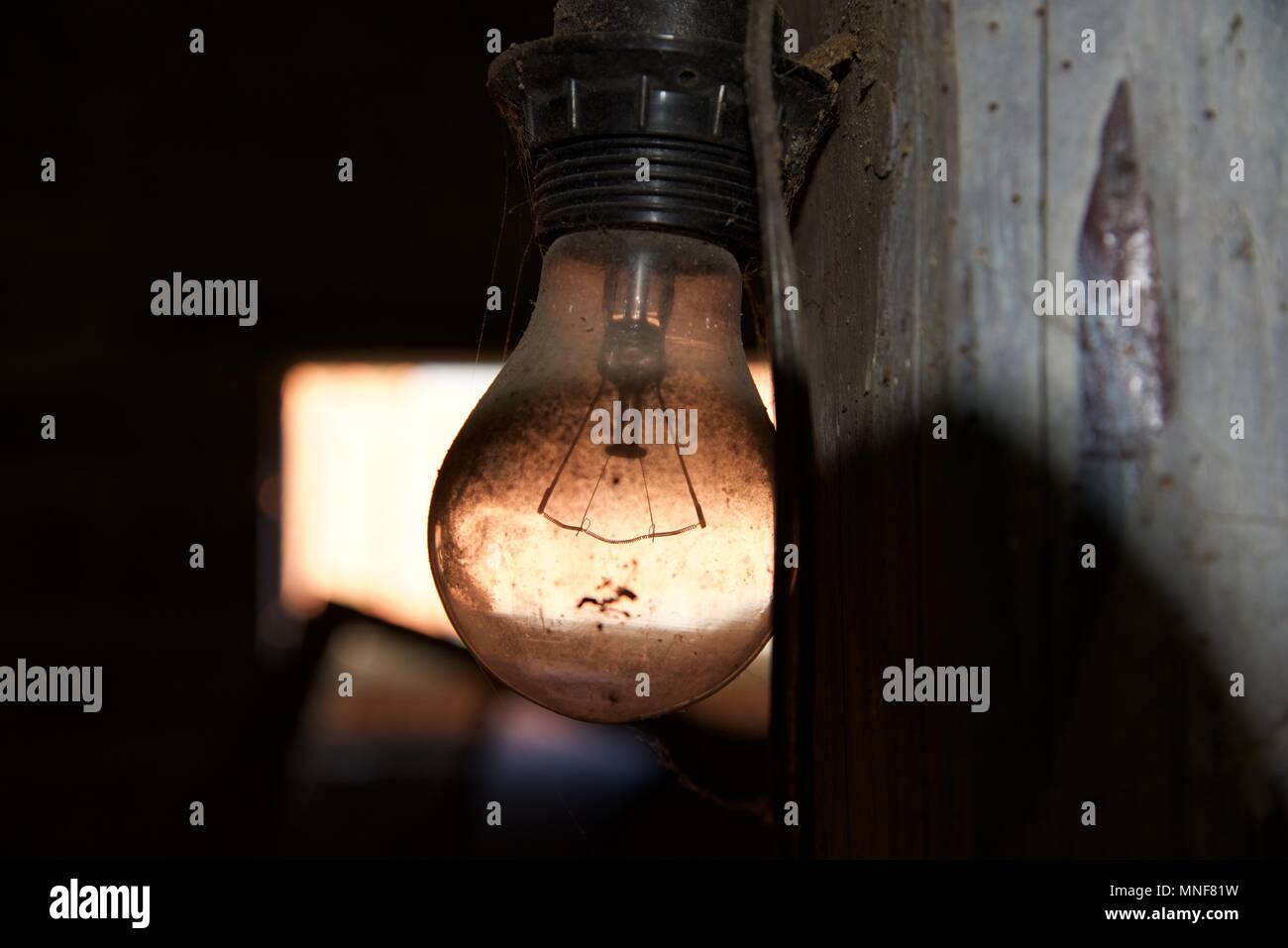 Electric light bulb: a grubby light bulb in an abandoned workshop Stock Photo