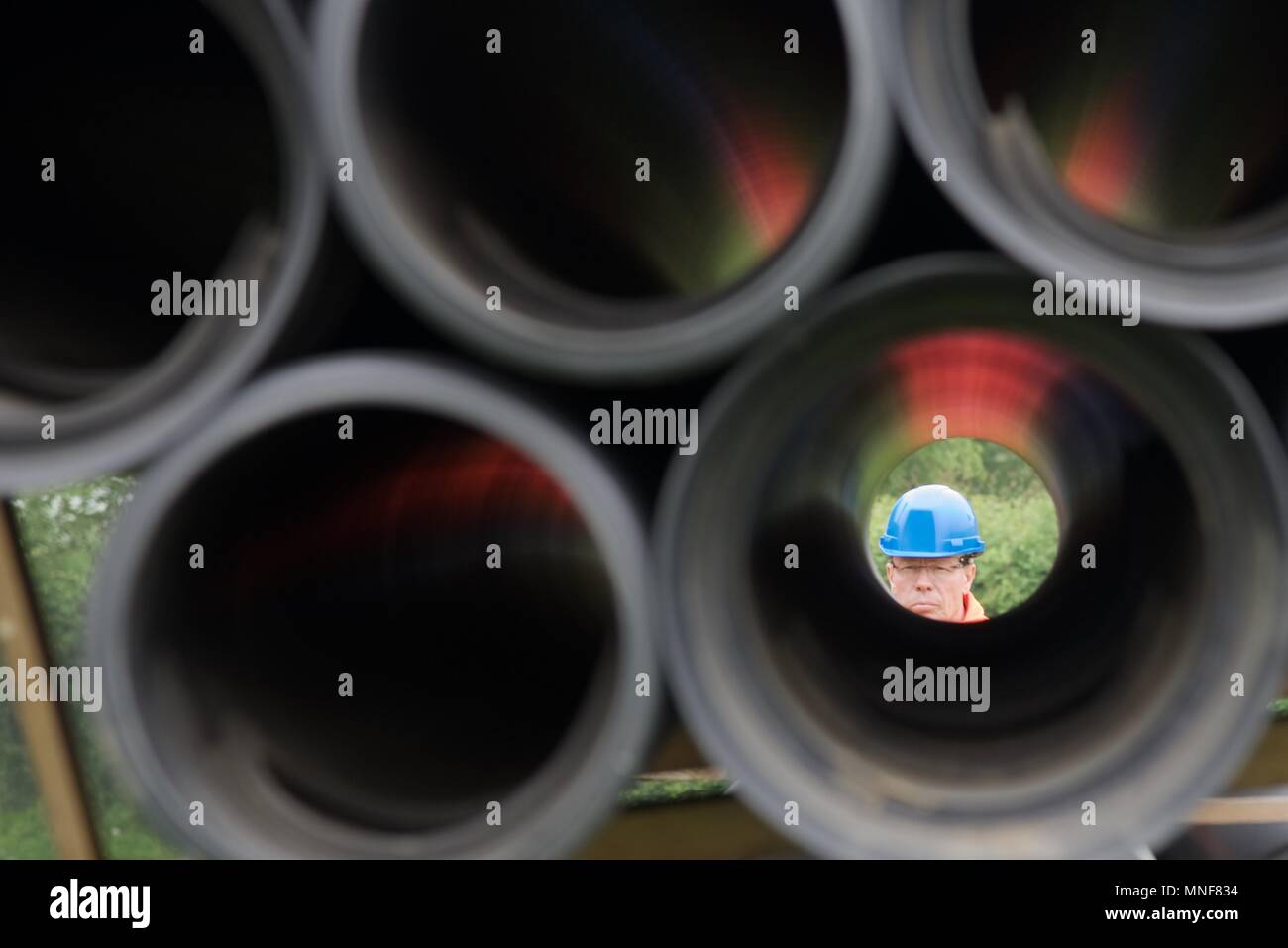 Pipes semirigid, large bore PVC drainage pipes being delivered to