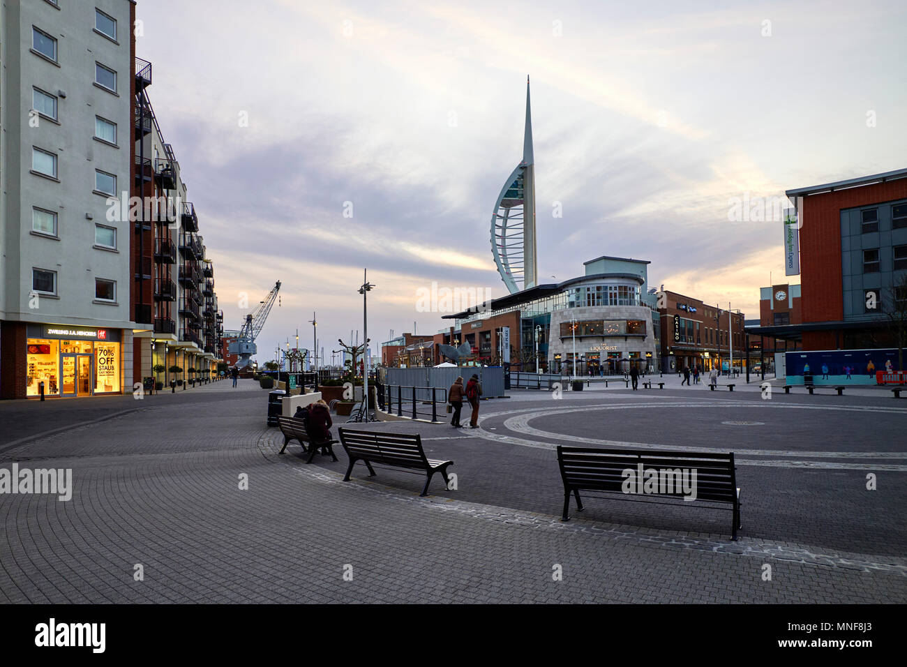 Early evening in Gunwharf Quays shopping centre, Portsmouth Stock Photo