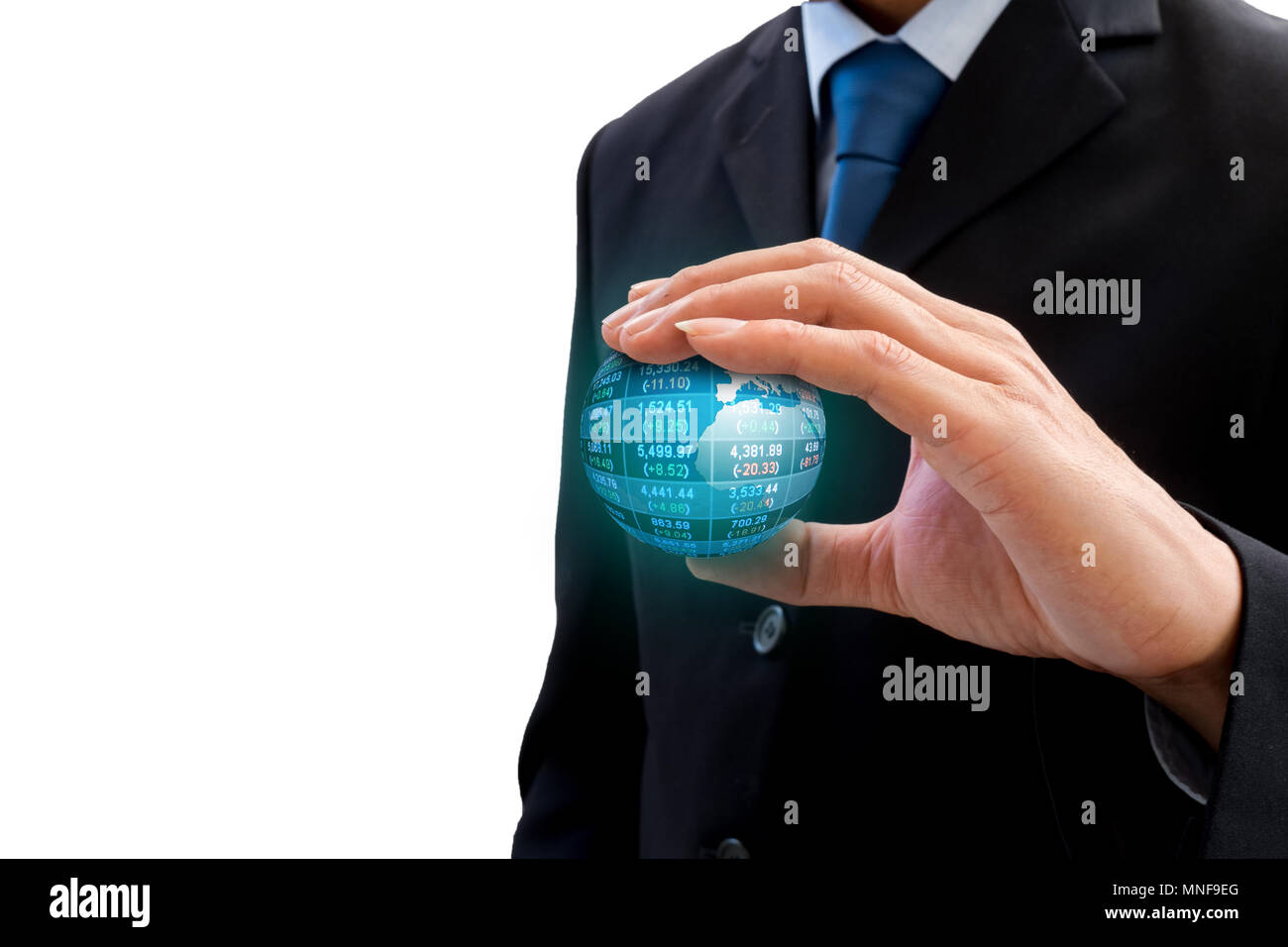 Businessman in dark gray suit holding the global business world in his ...