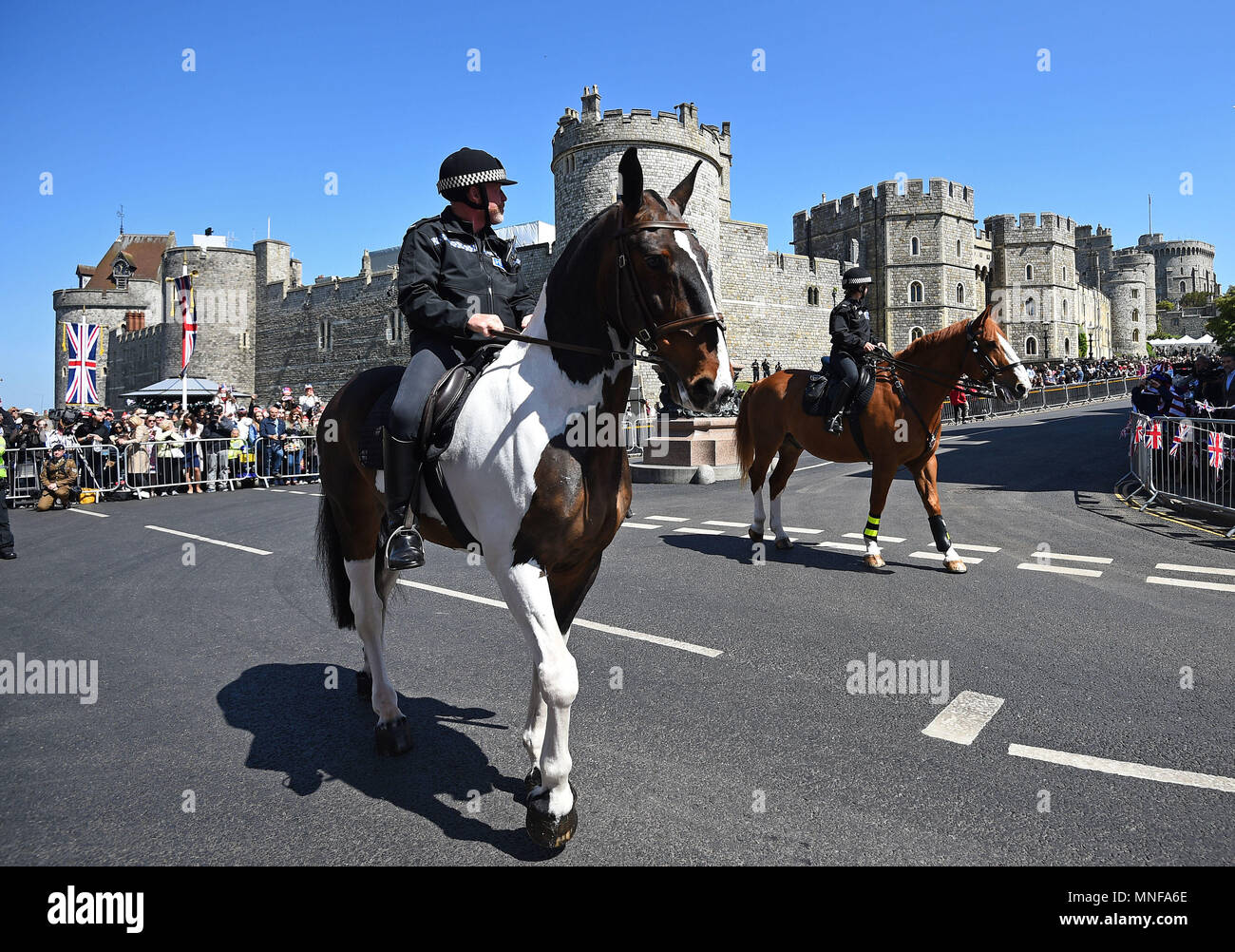 Mounted police before an armed forces parade rehearsal in Windsor, Berkshire ahead of the wedding of Prince Harry and Meghan Markle this weekend. Stock Photo