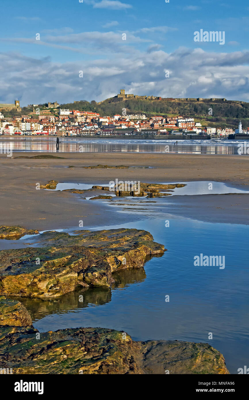 Scarborough’s castle headland against the sand and rockpools of South Bay beach at low tide. Stock Photo