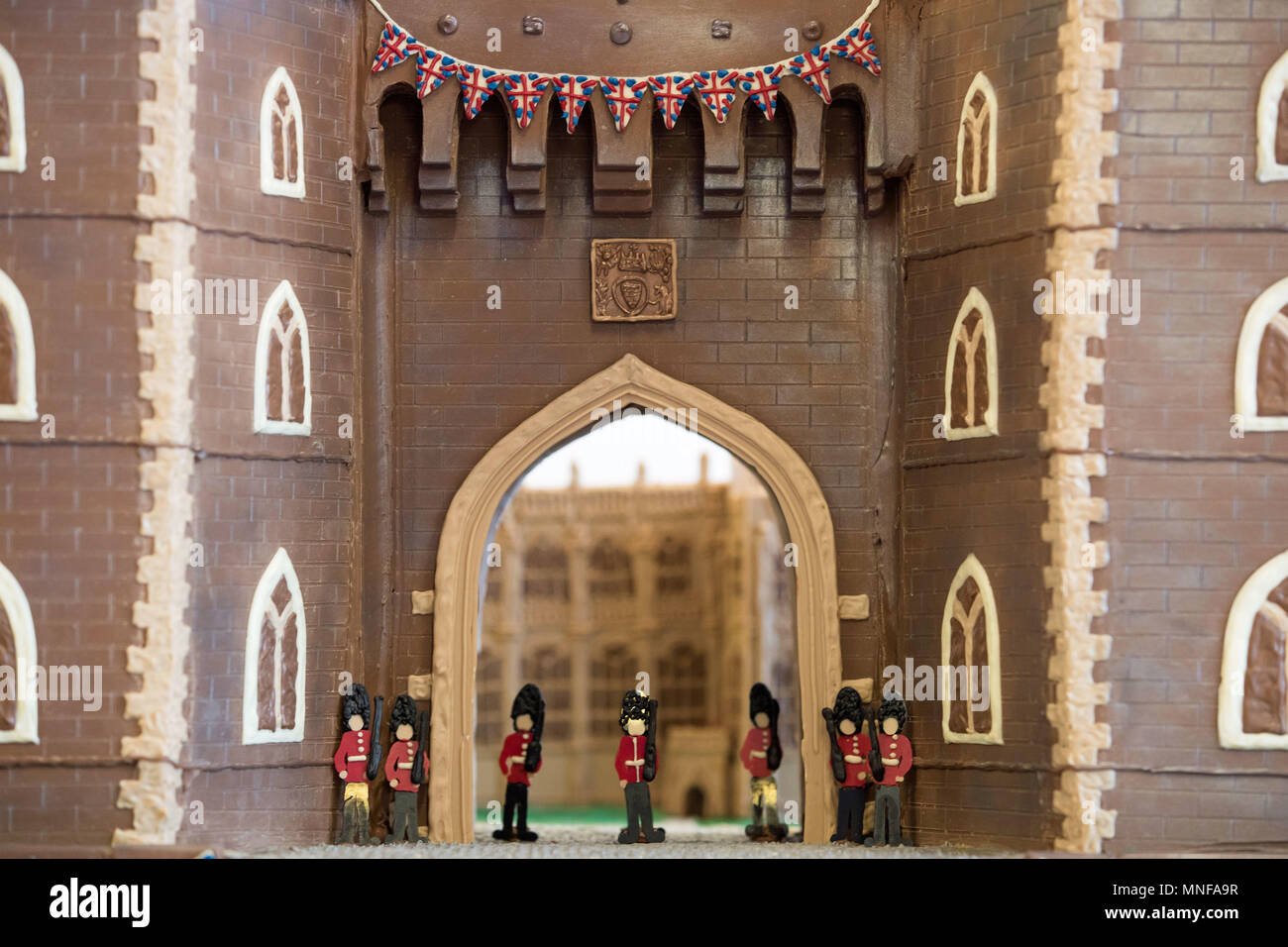 The front of Windsor Castle made entirely out of chocolate at Cadbury World in Birmingham, including the Henry VIII gate with a hand-piped picture of St George's Chapel visible through it, ahead of the royal wedding this weekend. Stock Photo