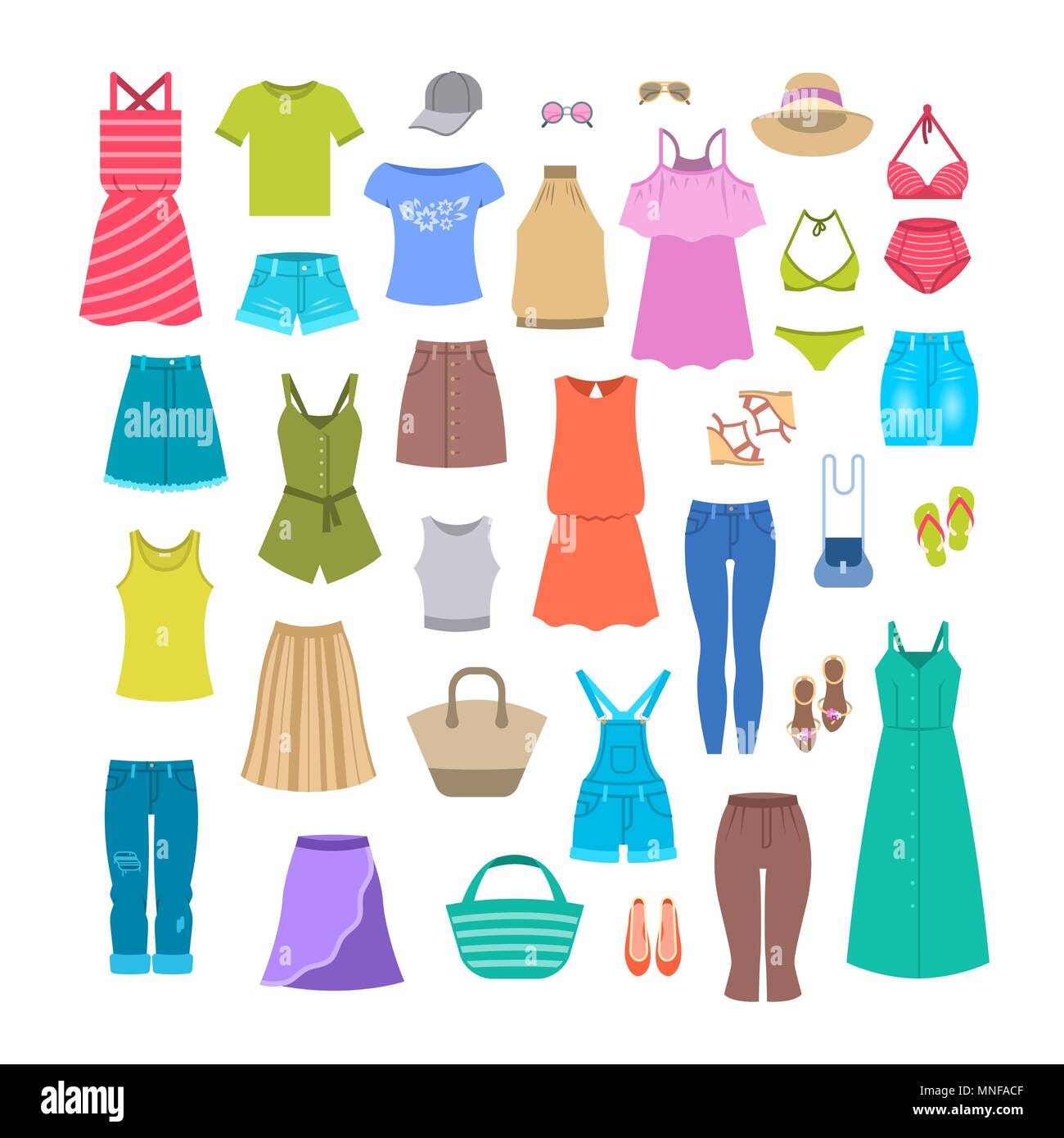 Women clothes and accessories collection for summer vacation. Seasonal  female outfit flat vector icons. Casual fashion infographic elements. Beach  clo Stock Vector Image & Art - Alamy