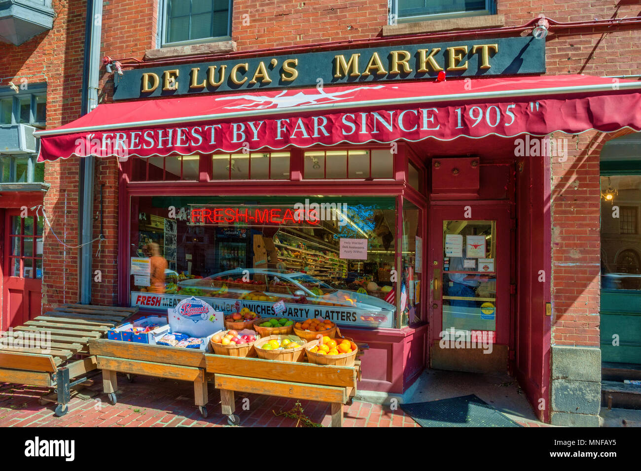 Boston, Massachusetts, USA - September 12, 2016: Beacon Hill's De Luca's Market where one can buy fresh meet, produce and such.  Been in business sinc Stock Photo