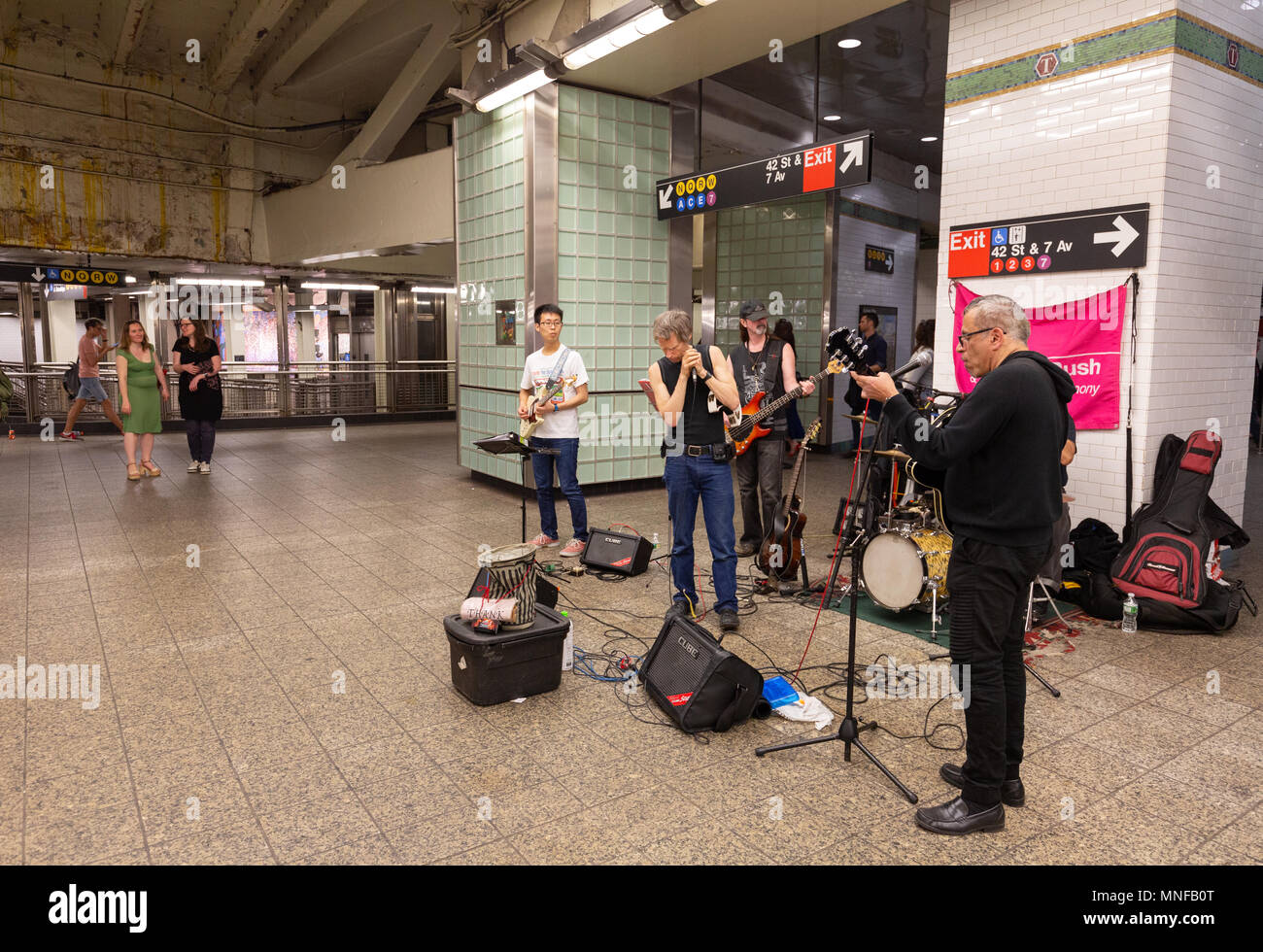 Buskers busking on the New York subway, Times Square and 42 St subway station, New york city subway, USA Stock Photo