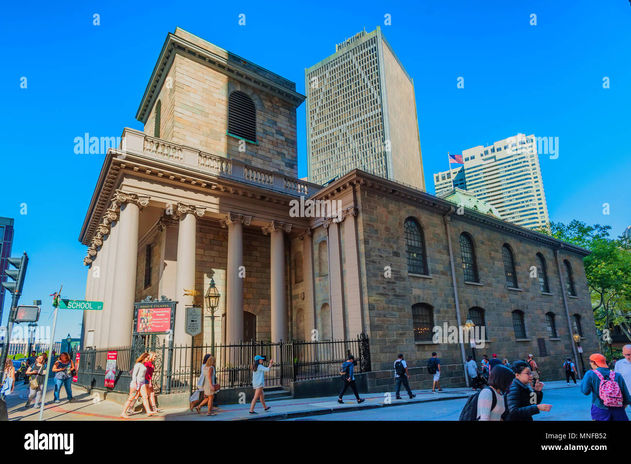 Boston, Massachusetts, USA - September 12, 2016:King's Chapel on the corner of Tremont and School streets of the Freedom Trail Stock Photo