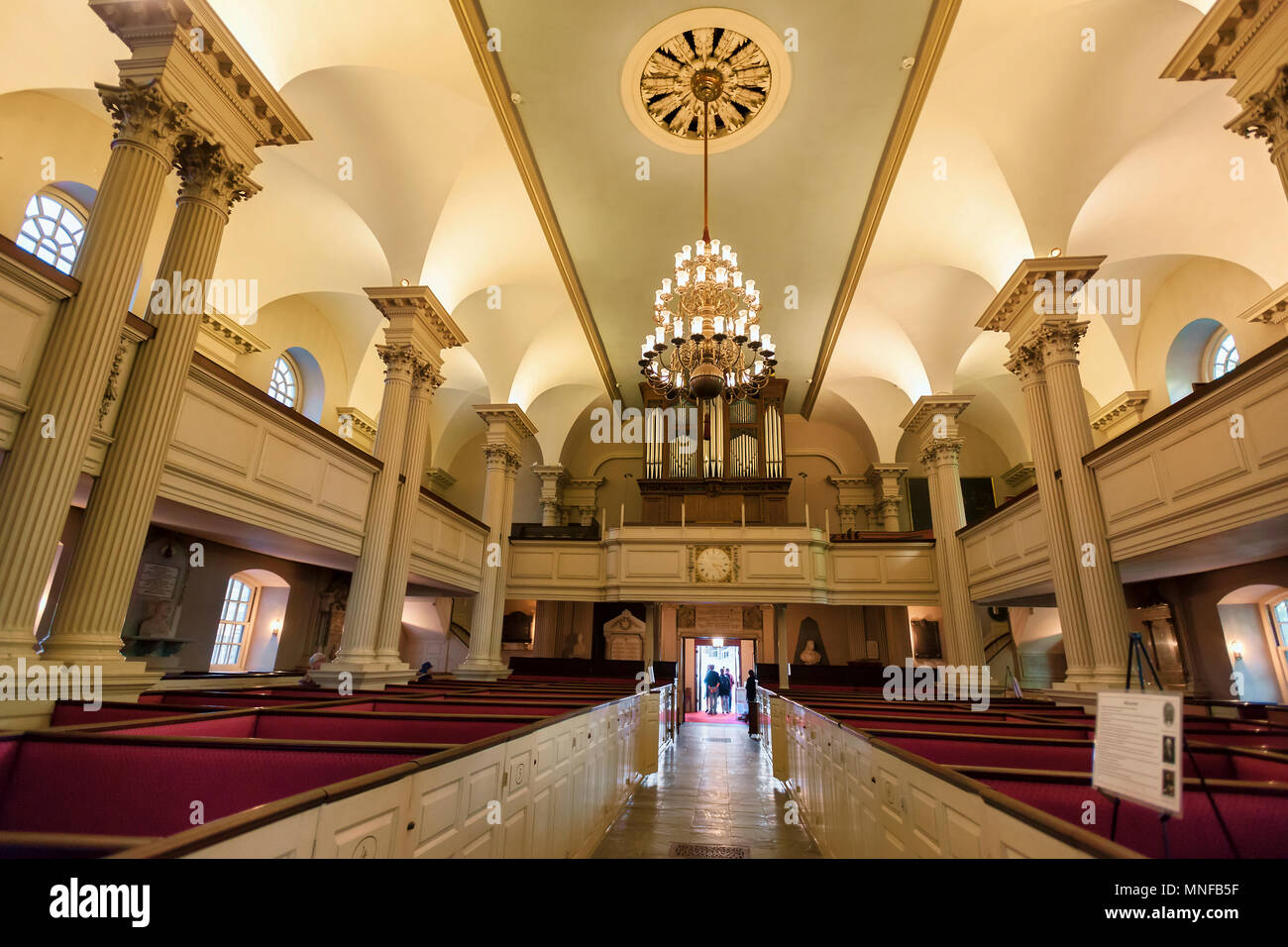 Boston, Massachusetts, USA - September 12, 2016:Inside Kings Chapel looking back towards it's entrance. Stock Photo