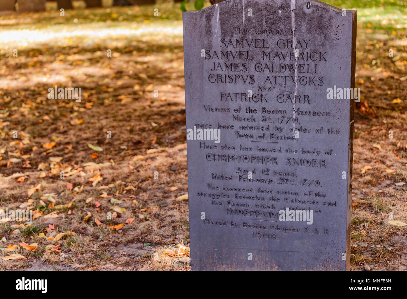 Boston, Massachusetts, USA - September 12, 2016:  A headstone for the five victims of the Boston Massacre, March 1770 Granary Burial Ground became a c Stock Photo
