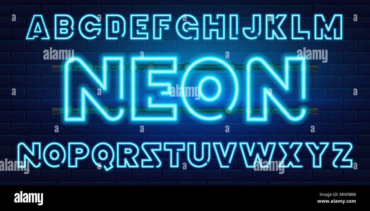 80 s blue neon retro font. Futuristic chrome letters. Bright Alphabet on dark  background. Light Symbols Sign for night show in club. concept of galaxy  space. Set of types. Outlined version Stock