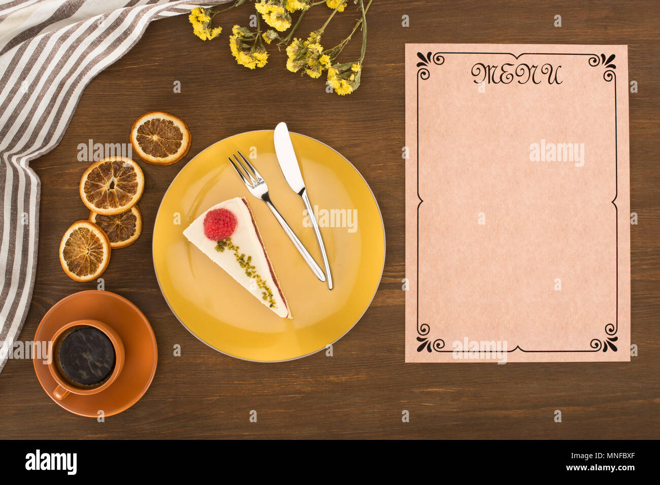 menu, cake and cup of coffee Stock Photo Alamy