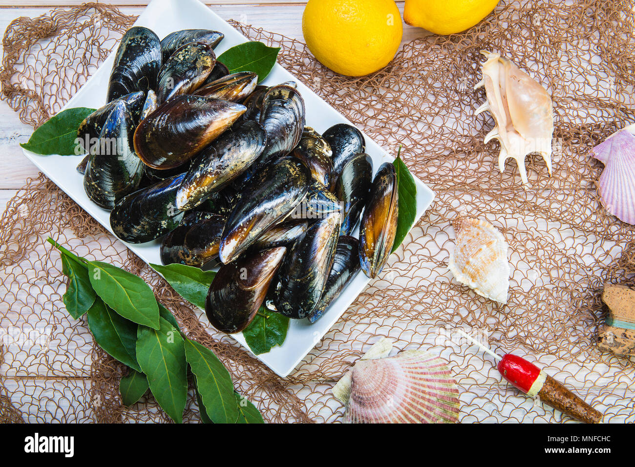 Fresh and alive mussels for cooking cleaned and ready to be steamed