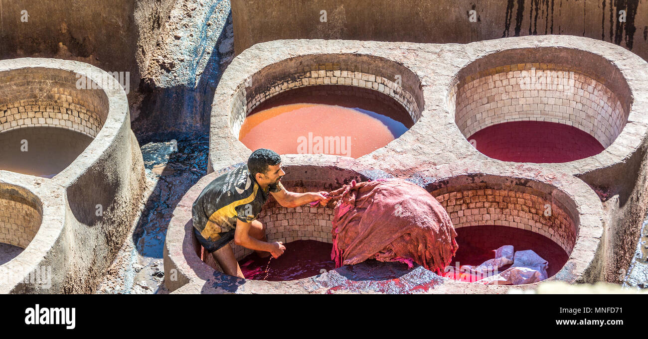 Workers using the hot, old and difficult traditional methods of tanning  in the pits at the tanning Vats at the famous Chouara Tannery in Fez, Morocco Stock Photo