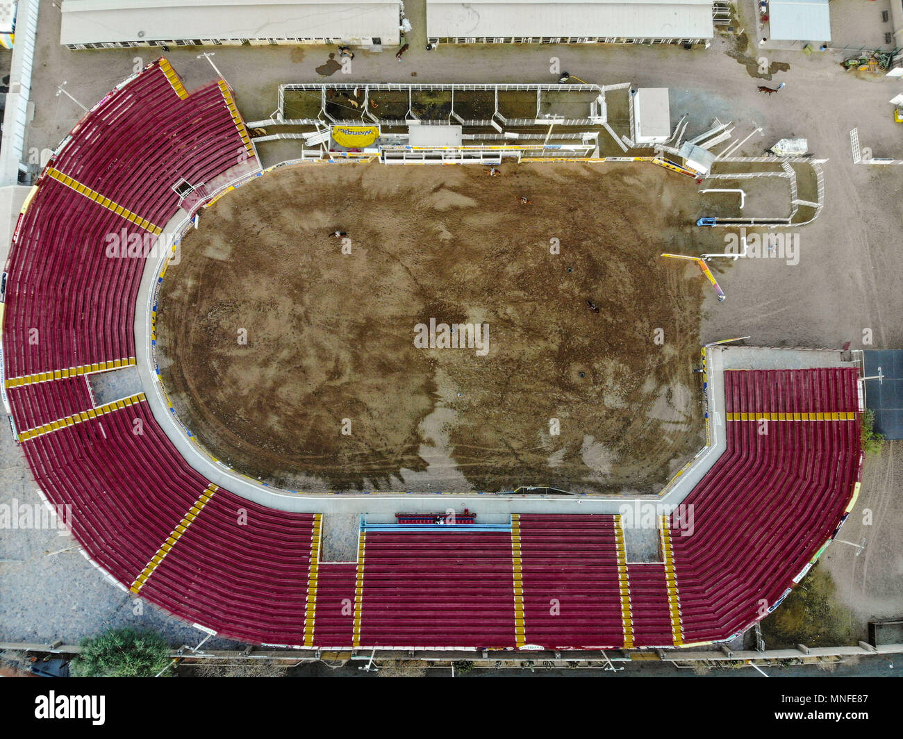 Aerial view of the Rodeo arena, rides and facilities and corrals of the